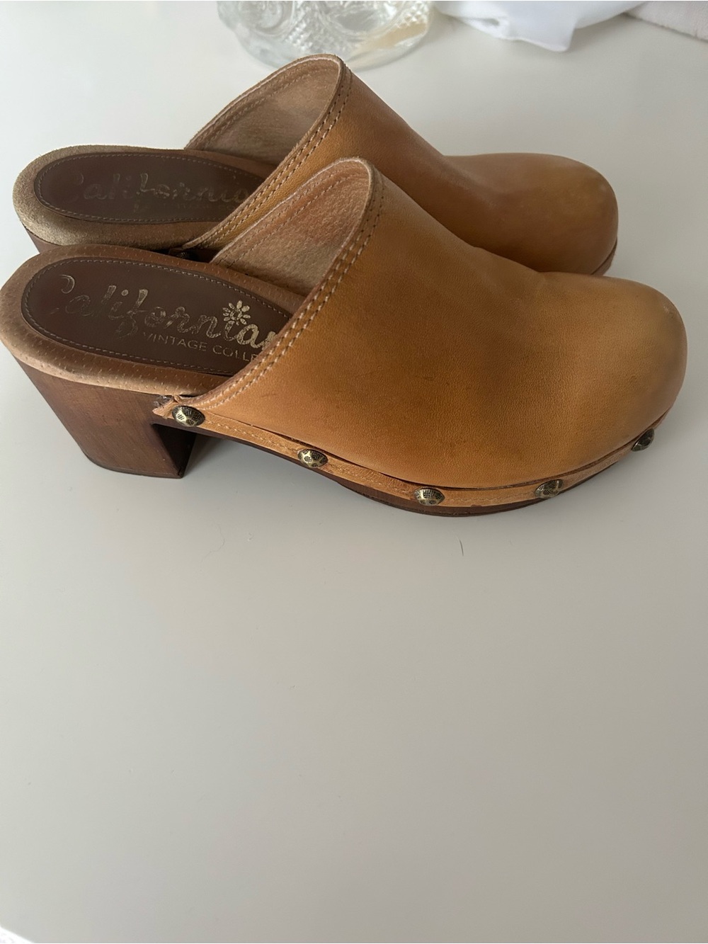 Californians camel studded wood sole clog 39